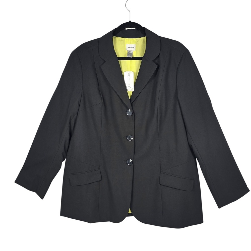 Chico's Socialite Jacket Black Refined Weave Blazer Lime Lining Woman XL NEW